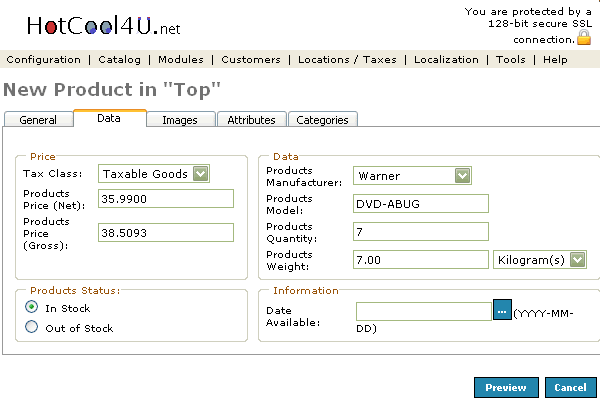 Figure 3.Products Edit Data listing page under the Admin>Catalog>Products>Edit>Data section.