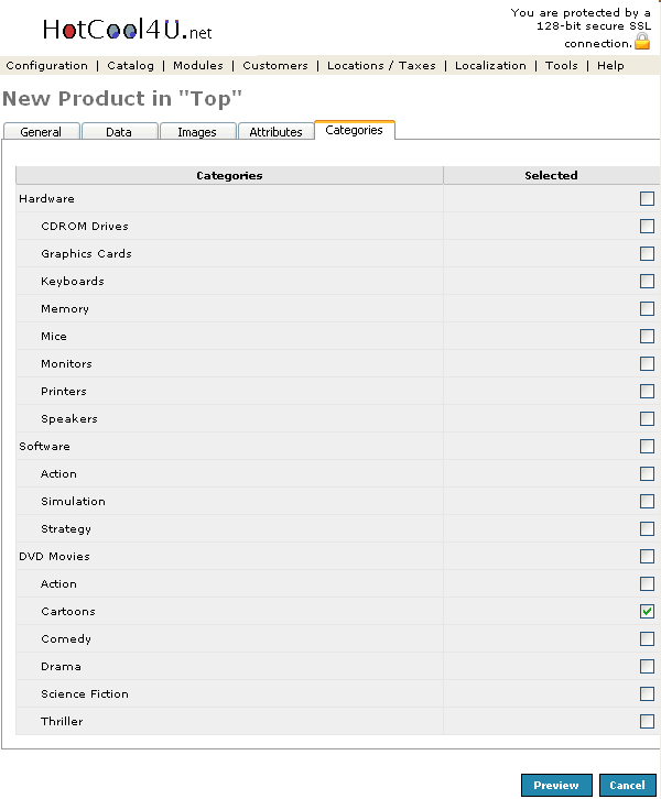 Figure 6.Products Edit Categories listing page under the Admin>Catalog>Products>Edit>Categories section.