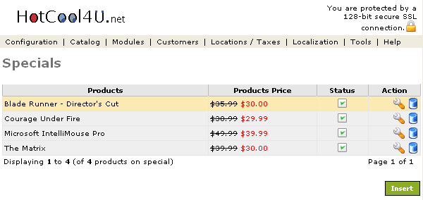 Figure 1. Specials listing page under the Admin>Catalog>Specials section.