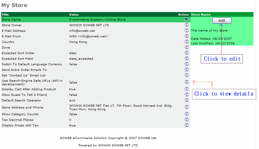 Figure 1. My Store listing page under the Admin>Configuration>My Store section.