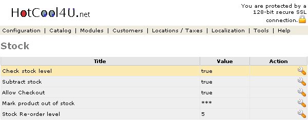 Figure 1. Stock listing page under the Admin>Configuration>Stock section.