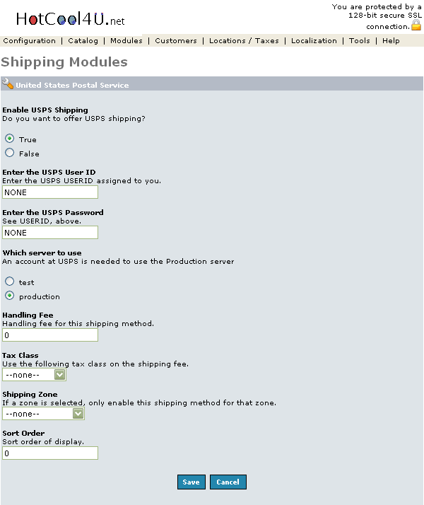 Figure 1. USPS Module listing page under the Admin>Modules>Shipping>USPS>Edit section.