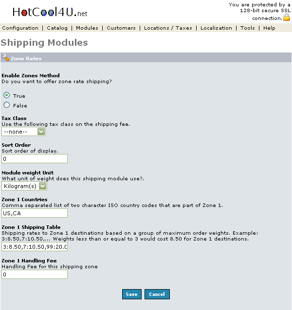Figure 1. Zone Rates Shipping Module listing page under the Admin>Modules>Shipping>Zone Rates>Edit section.